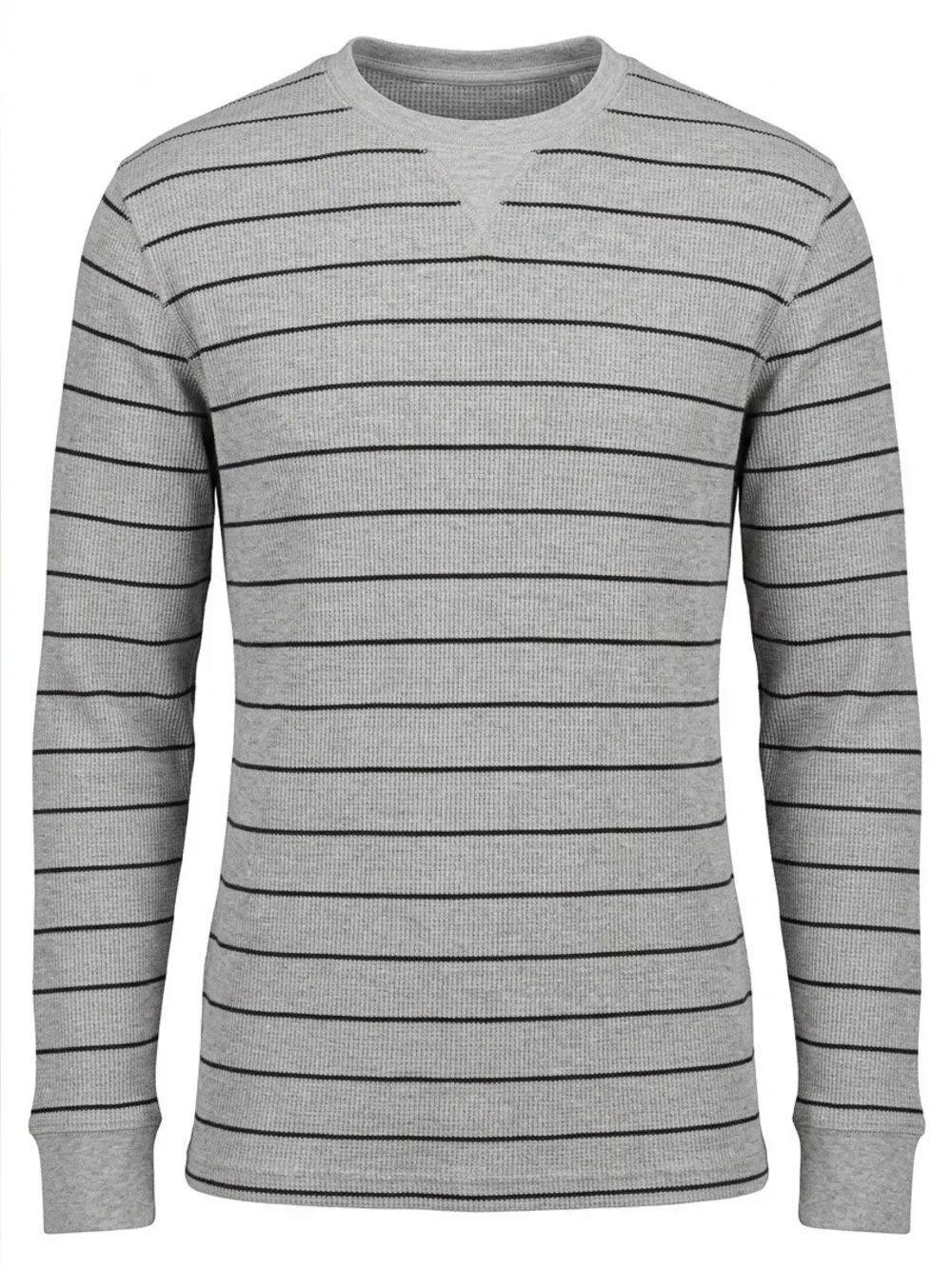 LL BEAN THERMAL TOP HEATHER GRAY w BLUE STRIPE L